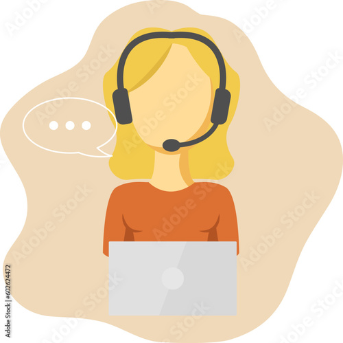 Customer service icon in flat design. Female call center with headphones and microphone is using laptop. Symbols of help and support teams.