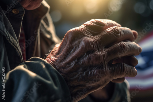 Closeup old man hands, aging process, senior Man outdoor, sunlight, AI Generative.