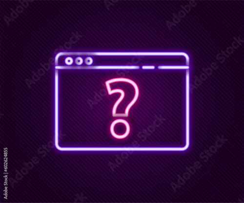 Glowing neon line Browser with question mark icon isolated on black background. Internet communication protocol. Colorful outline concept. Vector
