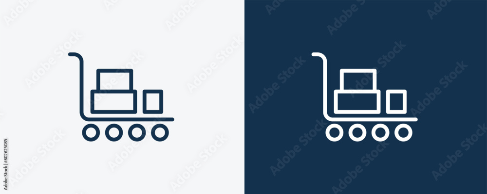 delivery cart icon. Outline delivery cart icon from delivery and logistics collection. linear vector isolated on white and dark blue background. Editable delivery cart symbol. delivery cart icon. Outline delivery cart icon from delivery and logistics collection. linear vector isolated on white and dark blue background. Editable delivery cart symbol.
