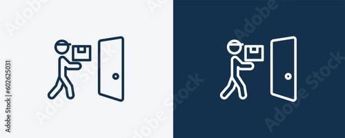 delivery door icon. Outline delivery door icon from delivery and logistics collection. linear vector isolated on white and dark blue background. Editable delivery door symbol.