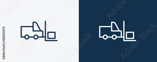 forklift icon. Outline forklift icon from delivery and logistics collection. linear vector isolated on white and dark blue background. Editable forklift symbol.