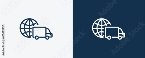 worldwide delivery icon. Outline worldwide delivery icon from delivery and logistics collection. linear vector isolated on white and dark blue background. Editable worldwide delivery symbol.