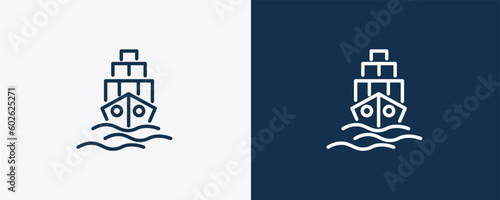 logistic ship icon. Outline logistic ship icon from delivery and logistics collection. linear vector isolated on white and dark blue background. Editable logistic ship symbol.