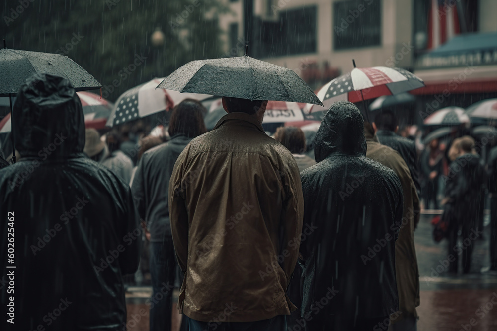 American people stand with their backs looking usa flag on the street with rain, Memorial Day, Independence day, AI Generative. American people stand with their backs looking usa flag on the street with rain, Memorial Day, Independence day, AI Generative.