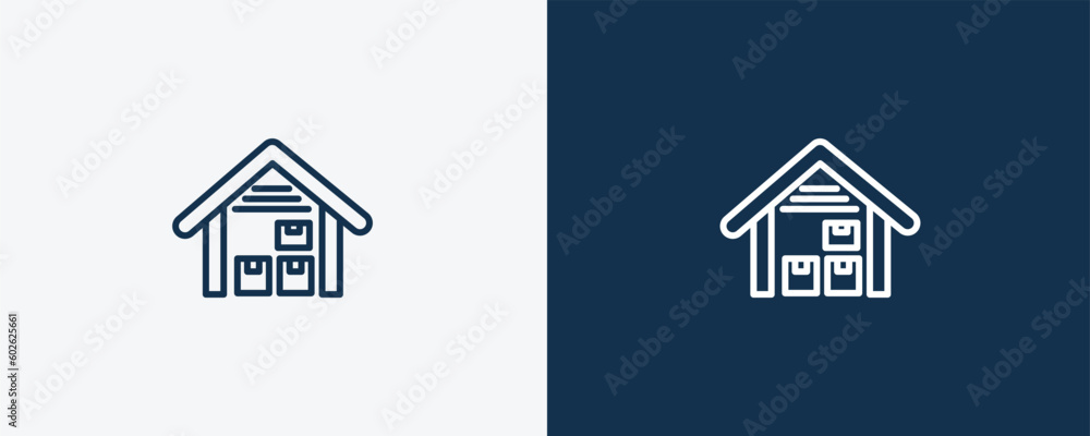 storehouse icon. Outline storehouse icon from real estate industry collection. Linear vector isolated on white and dark blue background. Editable storehouse symbol. storehouse icon. Outline storehouse icon from real estate industry collection. Linear vector isolated on white and dark blue background. Editable storehouse symbol.