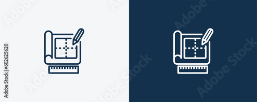 technical drawing icon. Outline technical drawing icon from real estate industry collection. Linear vector isolated on white and dark blue background. Editable technical drawing symbol.