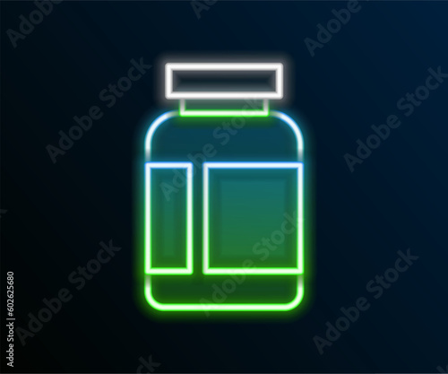 Glowing neon line Sports nutrition bodybuilding proteine power drink and food icon isolated on black background. Colorful outline concept. Vector