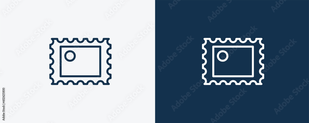 post stamp icon. Outline post stamp icon from social media marketing collection. Linear vector isolated on white and dark blue background. Editable post stamp symbol. post stamp icon. Outline post stamp icon from social media marketing collection. Linear vector isolated on white and dark blue background. Editable post stamp symbol.