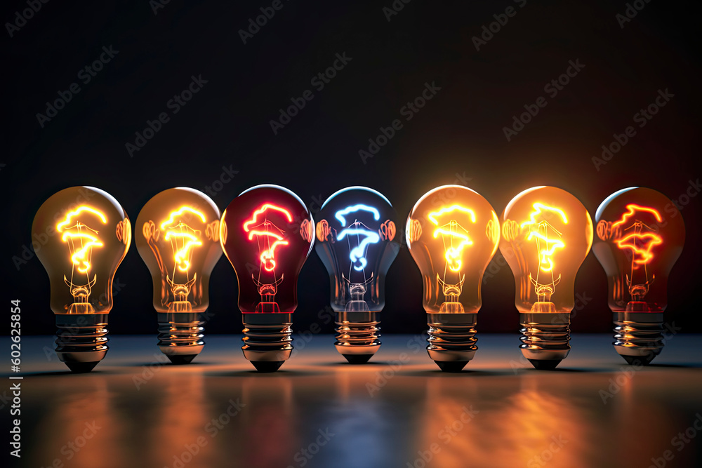 Illuminated light bulb with brain inside in a row. One different glowing on circuit. Business bright idea Illuminated light bulb with brain inside in a row. One different glowing on circuit. Business bright idea