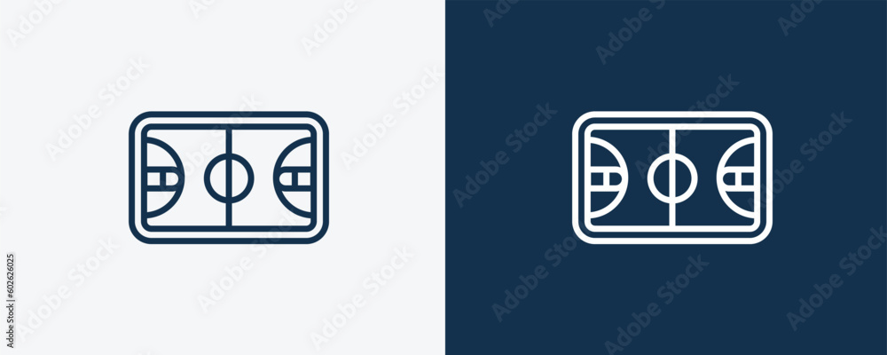 basketball court icon. Outline basketball court icon from sport and games collection. Linear vector isolated on white and dark blue background. Editable basketball court symbol. - obrazy, fototapety, plakaty 