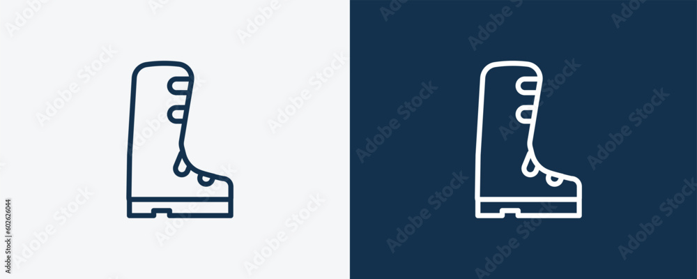 ski boots icon. Outline ski boots icon from sport and games collection. Linear vector isolated on white and dark blue background. Editable ski boots symbol. ski boots icon. Outline ski boots icon from sport and games collection. Linear vector isolated on white and dark blue background. Editable ski boots symbol.