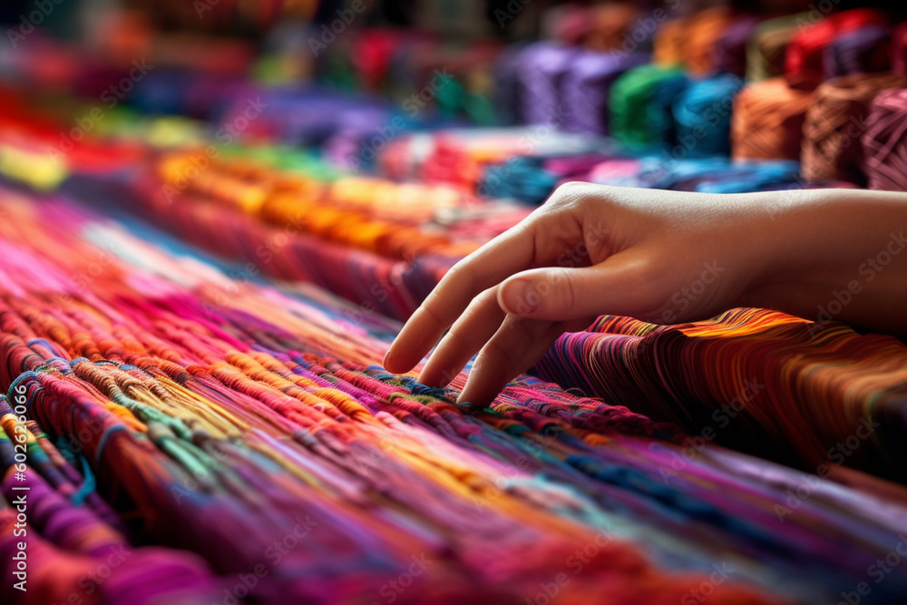 A textile artist weaving colorful threads on a loom, showcasing the beauty of fabric and textile design.  Generative AI technology