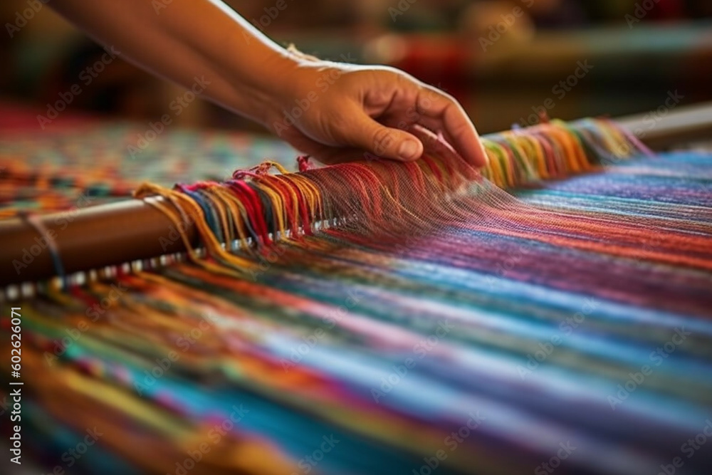 A textile artist weaving colorful threads on a loom, showcasing the beauty of fabric and textile design.  Generative AI technology