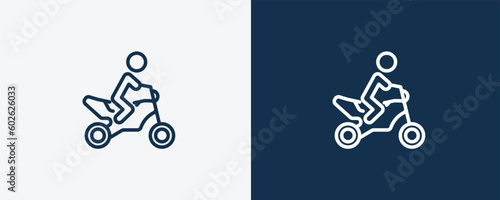 motorbike riding icon. Outline motorbike riding icon from sport and games collection. Linear vector isolated on white and dark blue background. Editable motorbike riding symbol.