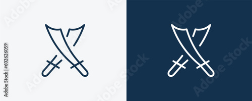 saber icon. Outline saber icon from sport and games collection. Linear vector isolated on white and dark blue background. Editable saber symbol.