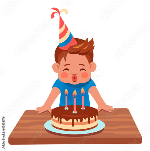 Cute kid in a hat blows out candles on a birthday cake