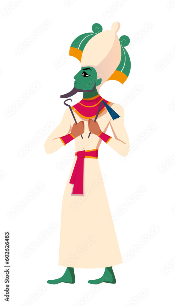 Flat ancient egyptian god Osiris. Deity of fertility, agriculture and dead isolated on white background. Antique mythological man character in atef crown holding a symbolic crook and flail. Flat ancient egyptian god Osiris. Deity of fertility, agriculture and dead isolated on white background. Antique mythological man character in atef crown holding a symbolic crook and flail.