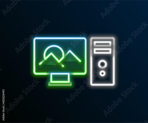Glowing neon line Photo retouching icon isolated on black background. Photographer, photography, retouch icon. Colorful outline concept. Vector