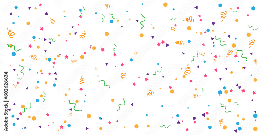Many falling colorful geometric confetti and ribbon isolated on white background. Celebration banner. Vector illustration