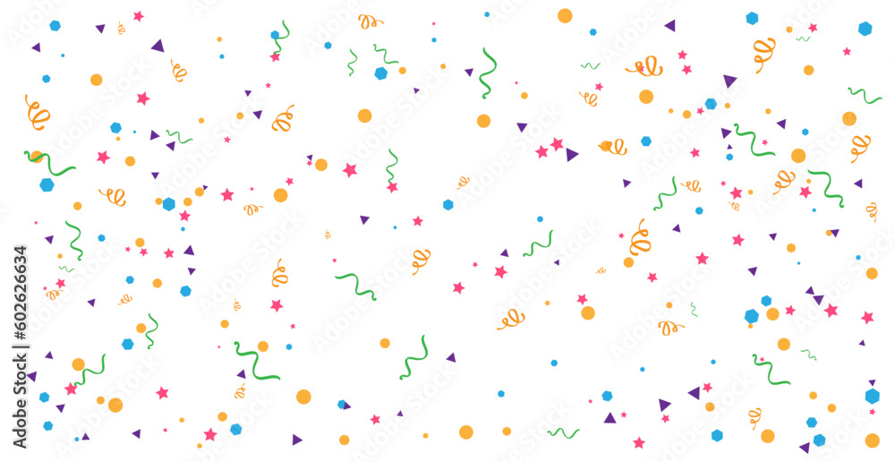 Many falling colorful geometric confetti and ribbon isolated on white background. Celebration banner. Vector illustration Many falling colorful geometric confetti and ribbon isolated on white background. Celebration banner. Vector illustration