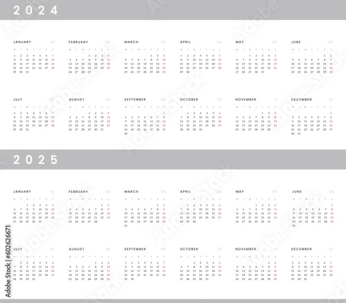 Set of 2024, 2025 Annual Calendar template. Vector layout of a wall or desk simple calendar with week start monday. Horizontal Calendar design in black and white colors, holidays in red colors.