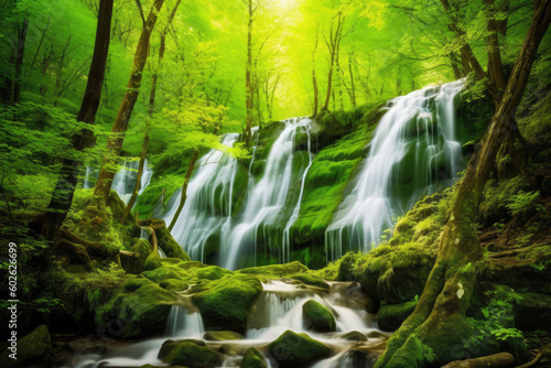 Waterfall cascades in a green forest 