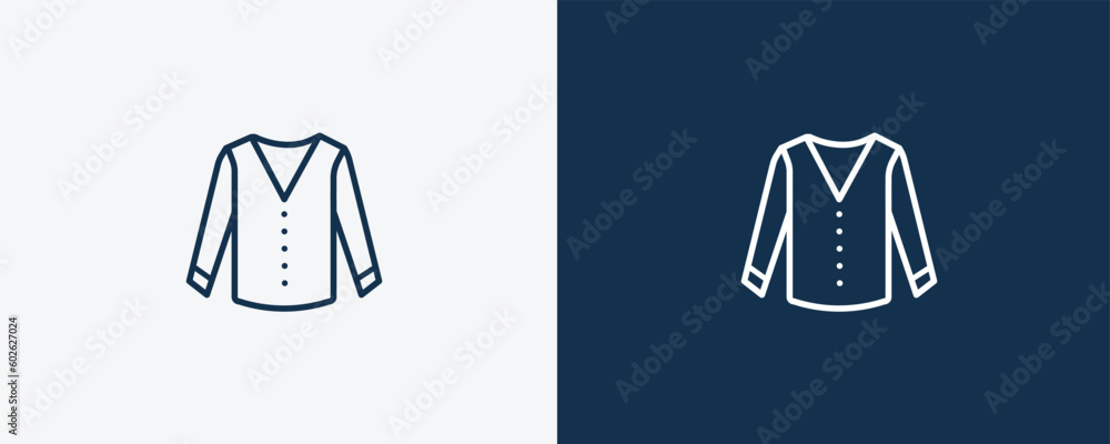 cotton cardigan icon. Outline cotton cardigan icon from clothes and outfit collection. Linear vector isolated on white and dark blue background. Editable cotton cardigan symbol. cotton cardigan icon. Outline cotton cardigan icon from clothes and outfit collection. Linear vector isolated on white and dark blue background. Editable cotton cardigan symbol.