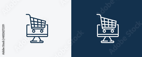 online store cart icon. Outline online store cart icon from commerce and marketing collection. Linear vector isolated on white and dark blue background. Editable online store cart?symbol.