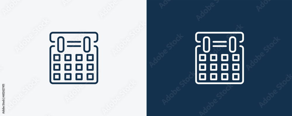 monthly calendar icon. Outline and filled monthly calendar icon from education and science collection. Linear vector isolated on white and dark blue background. Editable monthly calendar symbol. monthly calendar icon. Outline and filled monthly calendar icon from education and science collection. Linear vector isolated on white and dark blue background. Editable monthly calendar symbol.