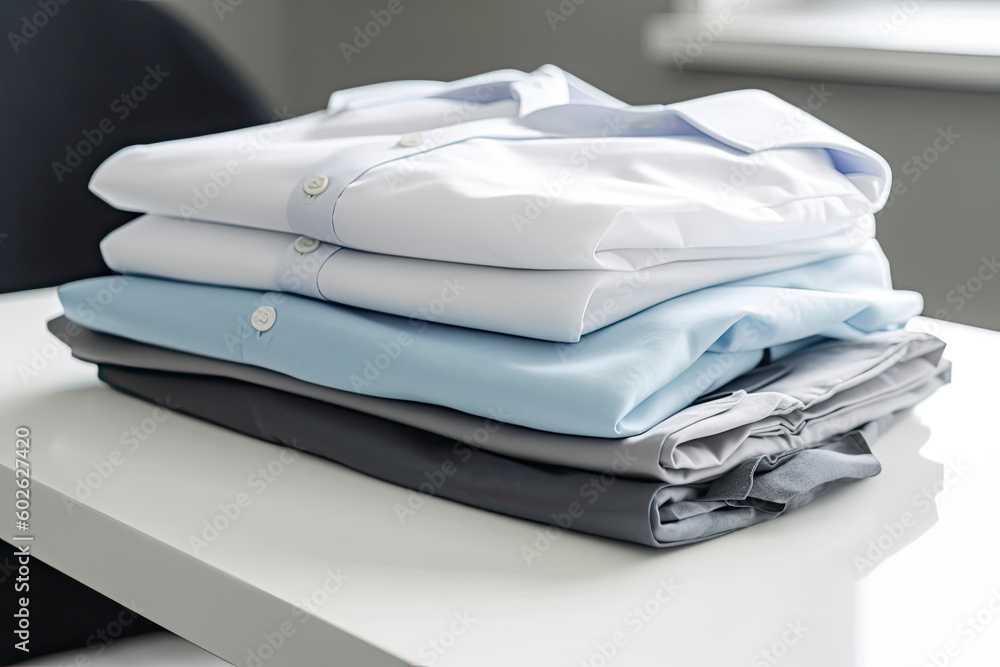 Ironing, laundry, clothes, housekeeping and objects concept - close up of ironed and folded shirts on table Ironing, laundry, clothes, housekeeping and objects concept - close up of ironed and folded shirts on table