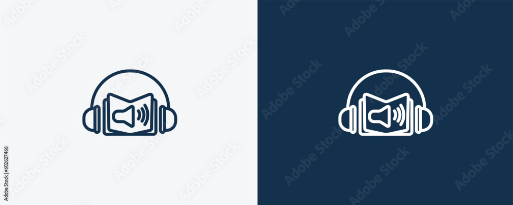 audio book icon. Outline and filled audio book icon from education and science collection. Linear vector isolated on white and dark blue background. Editable audio book symbol. audio book icon. Outline and filled audio book icon from education and science collection. Linear vector isolated on white and dark blue background. Editable audio book symbol.
