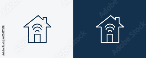 smart house icon. Outline smart house icon from automation and high tech collection. Linear vector isolated on white and dark blue background. Editable smart house symbol.