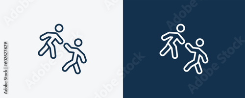 helping icon. Outline helping icon from humans and behavior collection. Linear vector isolated on white and dark blue background. Editable helping symbol.