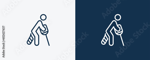 broken leg icon. Outline broken leg icon from humans and behavior collection. Linear vector isolated on white and dark blue background. Editable broken leg symbol.
