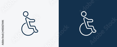wheel chair icon. Outline wheel chair icon from humans and behavior collection. Linear vector isolated on white and dark blue background. Editable wheel chair symbol.