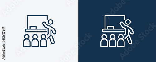 classroom icon. Outline classroom icon from humans and behavior collection. Linear vector isolated on white and dark blue background. Editable classroom symbol.