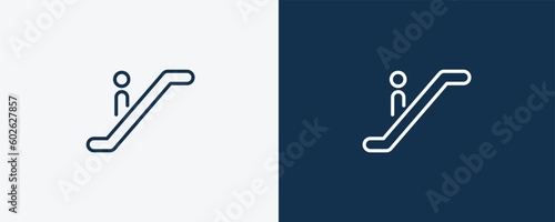 escalator icon. Outline escalator icon from hotel and restaurant collection. Linear vector isolated on white and dark blue background. Editable escalator symbol.