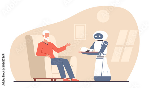 Robot assistant serves food and drink to elderly man, mechanical caregiver concept. electronic assistant in nursing home, future lifestyle. Vector cartoon flat isolated cyborg illustration