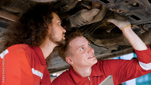 Two mechanic Caucasian man in large garage, Inspecting parts under raised car come in repair problematic part, male mechanic holding laptop in hand checking repairs in doubt for correct solution.