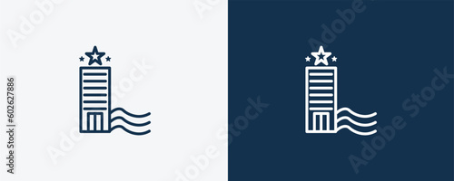 beach hotel icon. Outline beach hotel icon from hotel and restaurant collection. Linear vector isolated on white and dark blue background. Editable beach hotel symbol.
