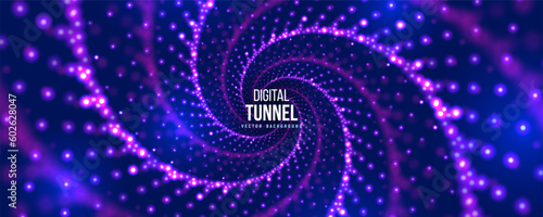 Portal with light effects. Neon particles tunnel. Abstract technology background. Vector illustration.