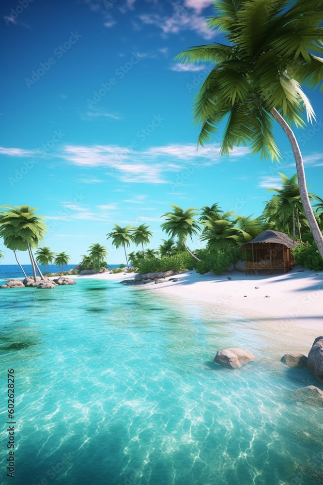 Obraz premium A picturesque beach with crystal-clear turquoise waters and white sandy shores, inviting travelers to relax and enjoy a tropical paradise. Generative AI technology