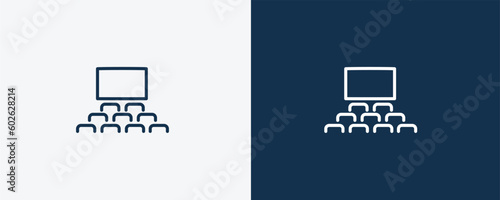 cinema audience icon. Outline cinema audience icon from cinema and theater collection. Linear vector isolated on white and dark blue background. Editable cinema audience symbol.