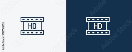 hd video sign icon. Outline hd video sign icon from cinema and theater collection. Linear vector isolated on white and dark blue background. Editable hd video sign symbol.