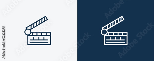 cinema clapperboard icon. Outline cinema clapperboard icon from cinema and theater collection. Linear vector isolated on white and dark blue background. Editable cinema clapperboard symbol.