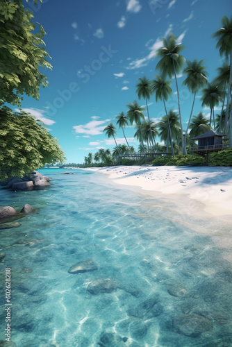 A picturesque beach with crystal-clear turquoise waters and white sandy shores, inviting travelers to relax and enjoy a tropical paradise.  Generative AI technology © Natalia