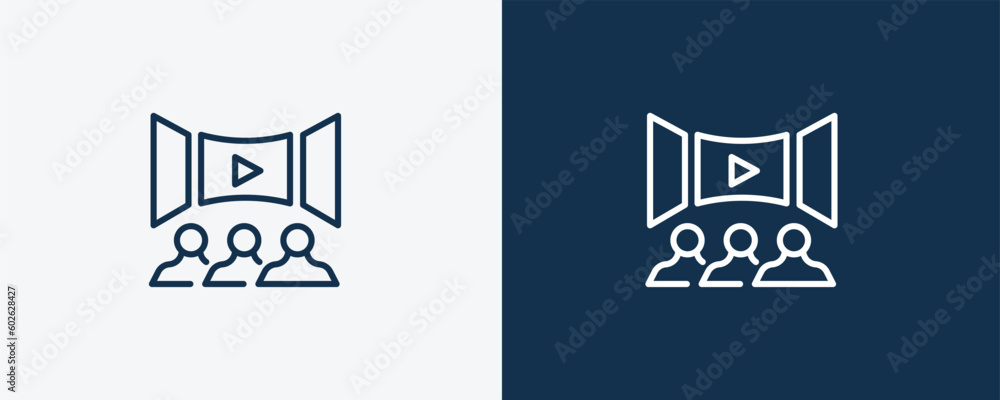movie theatre icon. Outline movie theatre icon from cinema and theater collection. Linear vector isolated on white and dark blue background. Editable movie theatre symbol. movie theatre icon. Outline movie theatre icon from cinema and theater collection. Linear vector isolated on white and dark blue background. Editable movie theatre symbol.