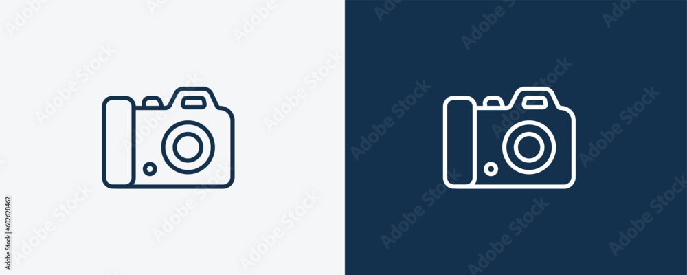 dslr camera icon. Outline dslr camera icon from cinema and theater collection. Linear vector isolated on white and dark blue background. Editable dslr camera symbol. dslr camera icon. Outline dslr camera icon from cinema and theater collection. Linear vector isolated on white and dark blue background. Editable dslr camera symbol.