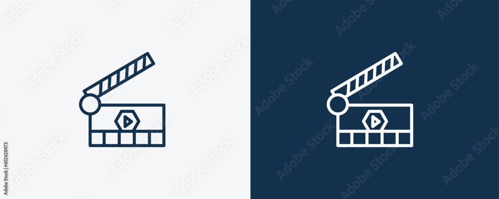 Obraz premium movie clapper open icon. Outline movie clapper open icon from cinema and theater collection. Linear vector isolated on white and dark blue background. Editable movie clapper open symbol.